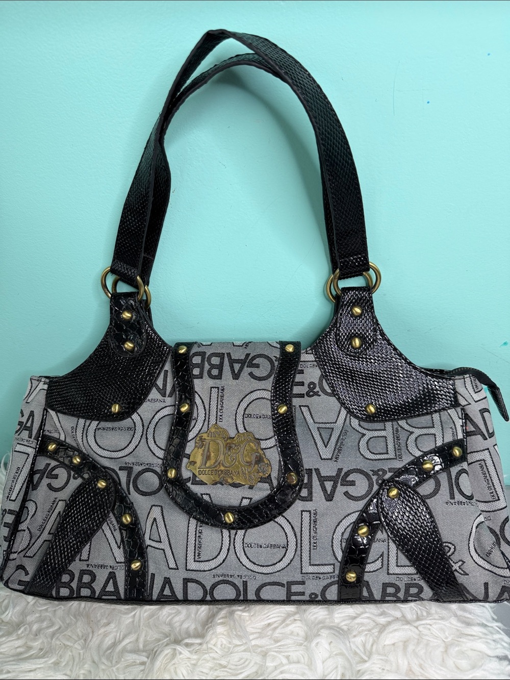 Disigner Canvas/Black Fuax  Leather Shoulder Bag